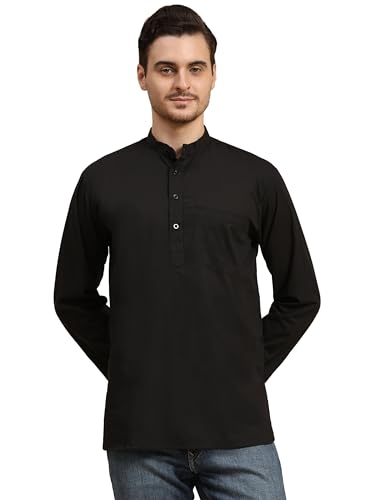 SKAVIJ Herren Tunika Kurze Kurta Hemd Rundhals Normale Passform, Schwarz, 44/XL von SKAVIJ