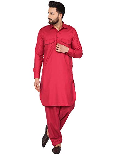 SKAVIJ Herren Tunika Pathani Kurta Pyjama Indische Beiläufig Tragen Kleid Set Kleid Set (Rot, S) von SKAVIJ