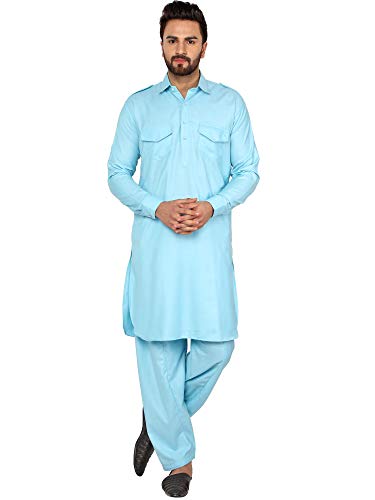 SKAVIJ Herren Tunika Pathani Kurta Pyjama Indische Beiläufig Tragen Kleid Set Kleid Set (Türkis, M) von SKAVIJ