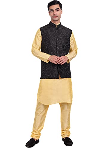 SKAVIJ Herren indisch Dupion Seide Kurta Pyjama und Nehru-Jacke (Weste) Hochzeit Ethnisches Kleid-Set (X-Large,Schwarz) von SKAVIJ