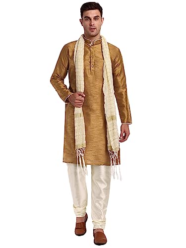 SKAVIJ Herren synthetische indische ethnische Kleidung Kurta Pyjama Schal Anzug Festival Saison Partykleid Set (Braun, Small) von SKAVIJ