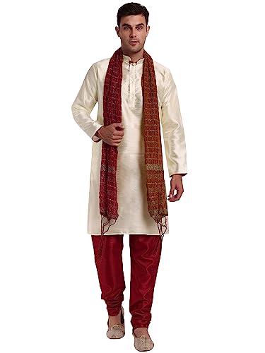 SKAVIJ Herren synthetische indische ethnische Kleidung Kurta Pyjama Schal Anzug Festival Saison Partykleid Set (Cremefarben, Medium) von SKAVIJ