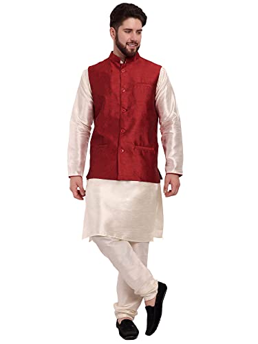 SKAVIJ Herren verzierte Ethno-Kleidung Nehru-Jacke mit Blumenmuster, formelle Weste, Normale Passform(Rot, L) von SKAVIJ