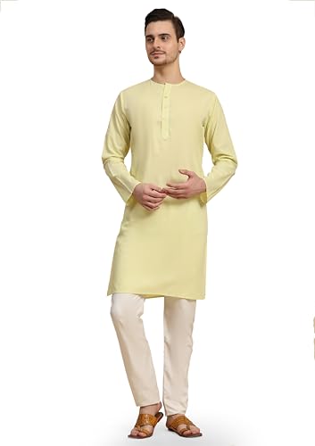 SKAVIJ Homme Coton Kurta Pyjama Indian Casual Tenue (Zitrone, L) von SKAVIJ