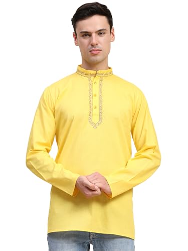 SKAVIJ Indische Tunika Langarm Kurta Hemd für Herren Gelbe L von SKAVIJ