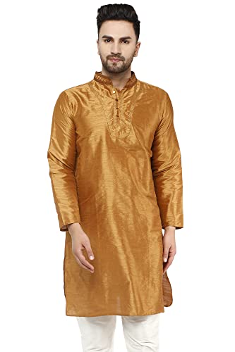 SKAVIJ Kurta Für Männer Kunst Seide Bestickte Lange Hemd Indisches Kleid (Large, Braun) von SKAVIJ