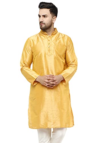 SKAVIJ Kurta Für Männer Kunst Seide Bestickte Langes Hemd Indisches Kleid (Large, Gold) von SKAVIJ