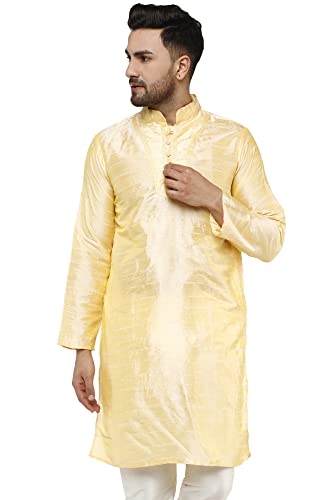 SKAVIJ Kurta Für Männer Kunst Seide Bestickte Langes Hemd Indisches Kleid (Medium, Beige) von SKAVIJ