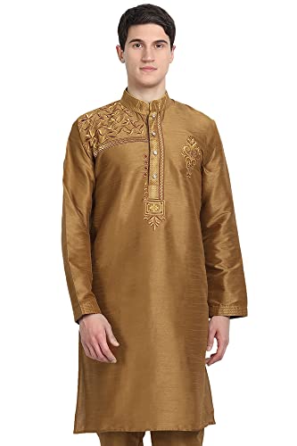 SKAVIJ Kurta Für Männer Kunst Seide Bestickte Langes Hemd Indisches Kleid (Medium, Braun) von SKAVIJ