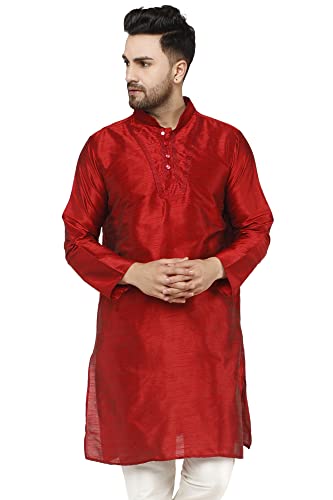 SKAVIJ Kurta Für Männer Kunst Seide Bestickte Langes Hemd Indisches Kleid (Small, Rot) von SKAVIJ