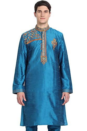 SKAVIJ Kurta Für Männer Kunst Seide Bestickte Langes Hemd Indisches Kleid (Small, Türkis) von SKAVIJ