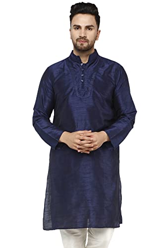 SKAVIJ Kurta Für Männer Kunst Seide Besticktes Langes Hemd Indisches Kleid (Small, Blau) von SKAVIJ