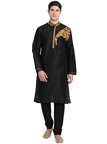 SKAVIJ Kurta-Pyjama-2-Teiliges Set Für Männer Kunst Seide Partei Tragen Festkleid (Klein, Schwarz) von SKAVIJ