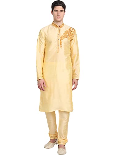 SKAVIJ Kurta-Pyjama-2-Teiliges Set Für Männer Kunst Seide Partei Tragen Festkleid (Mittel, Beige) von SKAVIJ