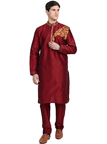 SKAVIJ Kurta-Pyjama-2-Teiliges Set Für Männer Kunst Seide Partei Tragen Festkleid (Mittel, Rot) von SKAVIJ