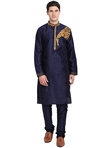 SKAVIJ Kurta-Pyjama-2-Teiliges Set Für Männer Kunst Seide Partei Tragen Festliche Kleid (Groß, Blau) von SKAVIJ