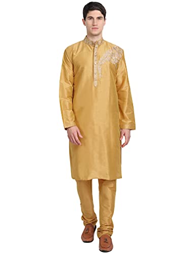 SKAVIJ Kurta-Pyjama-2-Teiliges Set Für Männer Kunst Seide Partei Tragen Festliches Kleides (X-Large, Gold) von SKAVIJ