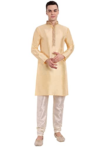 SKAVIJ Herren Kunstseide Kurta Pyjama Hochzeit Party Kleid (Beige, XL) von SKAVIJ