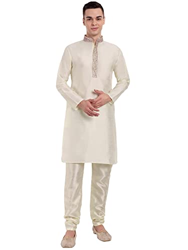 SKAVIJ Herren Kunstseide Kurta Pyjama Hochzeit Party Kleid (Cremefarben, S) von SKAVIJ