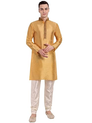 SKAVIJ Herren Kunstseide Kurta Pyjama Hochzeit Party Kleid (Gold, M) von SKAVIJ