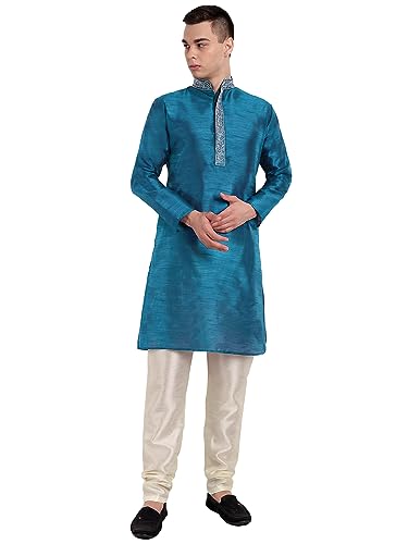 SKAVIJ Herren Kunstseide Kurta Pyjama Hochzeit Party Kleid (Türkis, S) von SKAVIJ