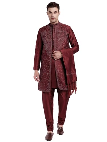 SKAVIJ Kurta Pyjama Jacke und Dupatta 4 Stück Hochzeit Party Kleid (Rot, L) von SKAVIJ