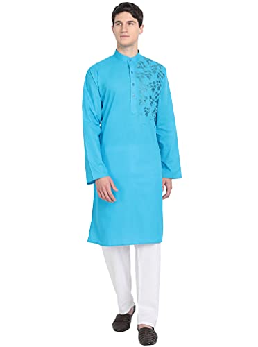 SKAVIJ Kurta-Pyjama-Set Für Männer Bestickt Baumwolle Hochzeit Party Kleid (Groß, Türkis) von SKAVIJ