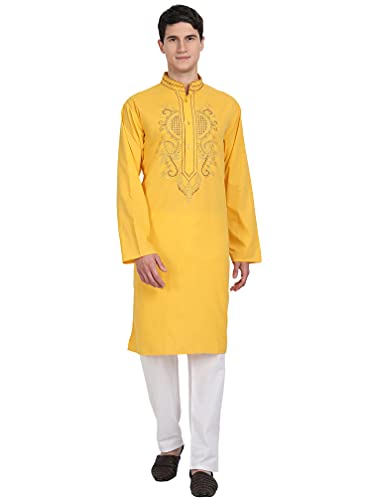 SKAVIJ Kurta-Pyjama-Set Für Männer Lange Ärmel Baumwolle Party Kleid Outfit (X-Large, Gold) von SKAVIJ