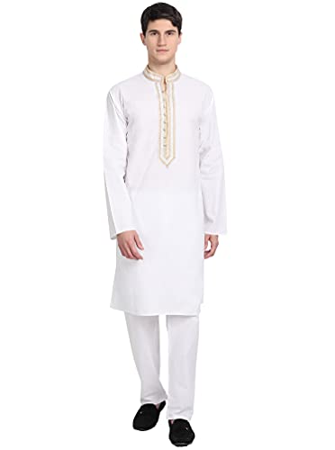 SKAVIJ Kurta-Pyjama-Set Für Männer Lange Ärmel Baumwolle Partykleid Tragen (Große, Weiß) von SKAVIJ