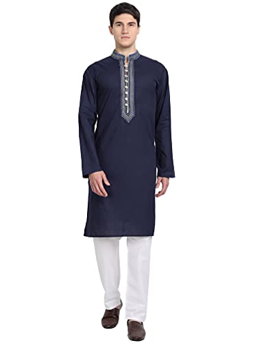 SKAVIJ Kurta-Pyjama-Set Für Männer Lange Ärmel Baumwolle Partykleid Tragen (Mittel, Blau) von SKAVIJ