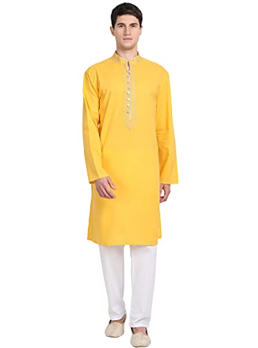 SKAVIJ Kurta-Pyjama-Set Für Männer Lange Ärmel Baumwolle Partykleid Tragen (Mittel, Gold) von SKAVIJ