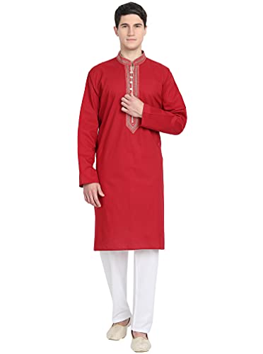 SKAVIJ Kurta-Pyjama-Set Für Männer Lange Ärmel Baumwolle Partykleid Tragen (X-Large, Rot) von SKAVIJ