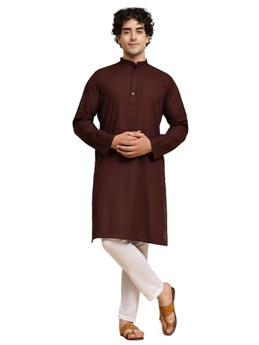 SKAVIJ Herren Tunika Baumwolle Kurta Schlafanzug indisch Yoga Zwanglos Kleid Satz (Braun, L) von SKAVIJ