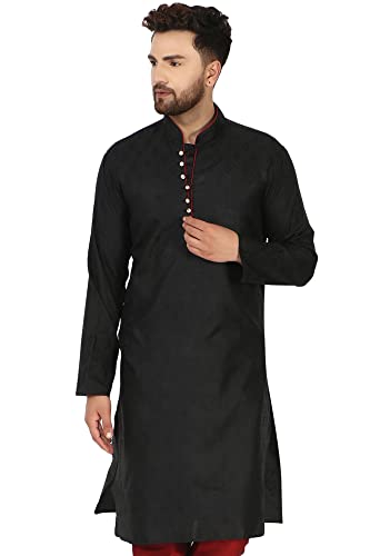 SKAVIJ Kurta für Herren, Jacquard-Seiden-Besticktes langes Hemd, indische Hochzeitskleidung (Schwarz, XL) von SKAVIJ