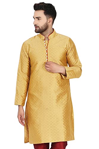 SKAVIJ Männer Indische Kunst Seide Kurta Lässiges Langes Hemd Party Kleid (X-Large, Gold) von SKAVIJ