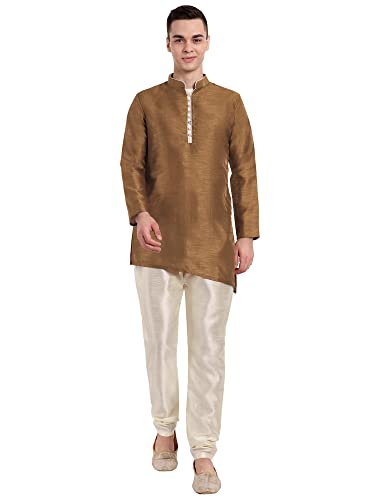 SKAVIJ Männer Kunst Seide Kreuzschnitt Ethnisch Outfiten Kurta-Pyjama traditionelle indische Kleidung (x-Large, braun) gesetzt von SKAVIJ