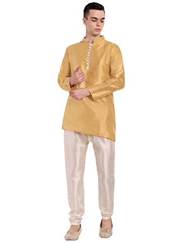 SKAVIJ Männer Kunst Seide Kreuzschnitt Ethnisch Outfiter Kurta-Pyjama traditionelle indische Kleidung (mittel, Gold) gesetzt von SKAVIJ