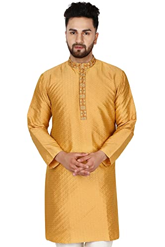 SKAVIJ Männer Kunst Seide Kurta Hochzeitsfeier Lässig Langes Hemd Kleid (Medium, Gold) von SKAVIJ