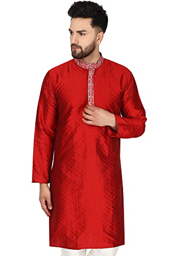 SKAVIJ Männer Kunst Seide Kurta Hochzeitsfeier Lässig Langes Hemd Kleid (Medium, Rot) von SKAVIJ