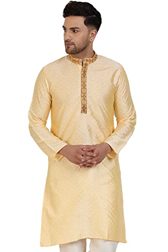 SKAVIJ Männer Kunst Seide Kurta Hochzeitsfeier Lässig Langes Hemd Kleid (X-Large, Beige) von SKAVIJ