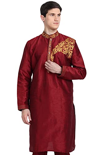 SKAVIJ Männer Kunst Seide Kurta Top Indische Hochzeit Lässig Langes Hemd Kleid (Small, Rot) von SKAVIJ