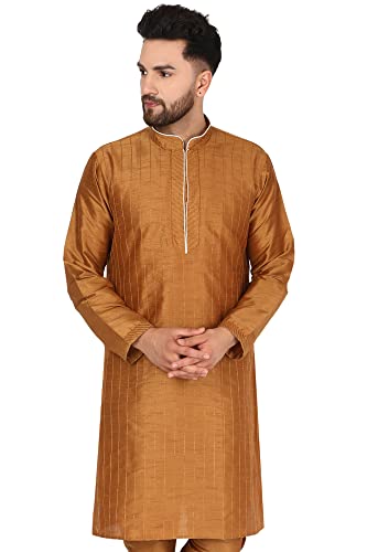 SKAVIJ Männer Kunst Seide Kurta Top Indische Hochzeit Lässig Langes Hemd Tragen (Large, Braun) von SKAVIJ