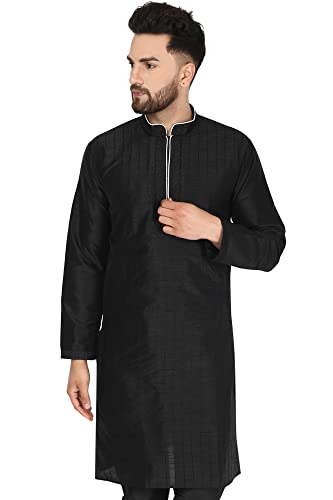 SKAVIJ Männer Kunst Seide Kurta Top Indische Hochzeit Lässig Langes Hemd Tragen (Small, Schwarz) von SKAVIJ