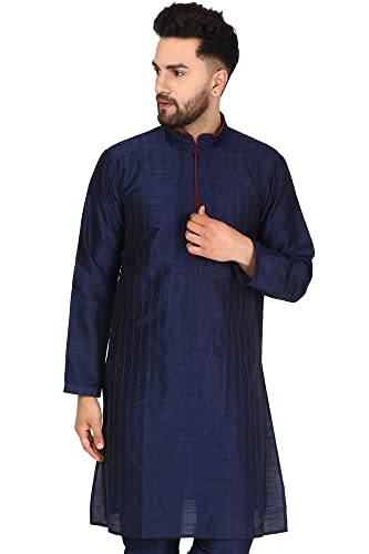 SKAVIJ Männer Kunst Seide Kurta Top Indische Hochzeit Lässig Langes Hemd Tragen (X-Large, Blau) von SKAVIJ