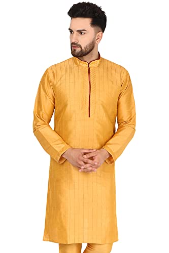 SKAVIJ Männer Kunst Seide Kurta Top Indische Hochzeit Lässig Langes Hemd Tragen (X-Large, Gold) von SKAVIJ