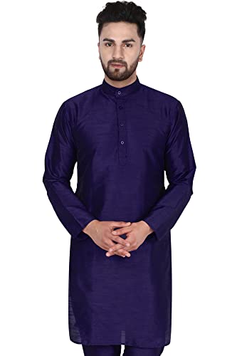 SKAVIJ Männer Kunst Seide Lang Hemd Indianer Lässiges Kurta Party Kleid (Medium, Blau) von SKAVIJ