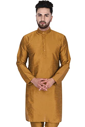 SKAVIJ Männer Kunst Seide Lang Hemd Indianer Lässiges Kurta Party Kleid (Medium, Braun) von SKAVIJ