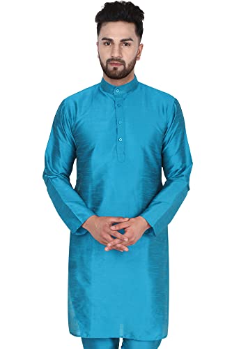 SKAVIJ Männer Kunst Seide Lang Hemd Indianer Lässiges Kurta Party Kleid (Small, Türkis) von SKAVIJ