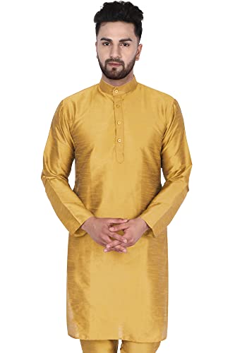 SKAVIJ Männer Kunst Seide Lang Hemd Indianer Lässiges Kurta Party Kleid (X-Large, Gold) von SKAVIJ