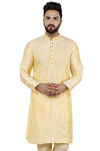 SKAVIJ Männer Tunika Kunst Seide Kurta Ethnische Indische Lange Lässig Hemd Party Kleid (Medium, Beige) von SKAVIJ